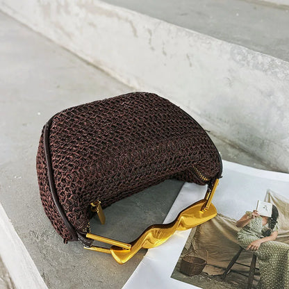 Metal Handle Straw Bags for Women Half Moon Rattan Woven Chain Shoulder Bag Bohemian Travel Beach Bag Designer Crossbody Handbag