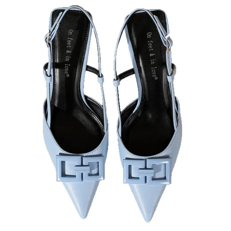 High Quality Blue Metal Embellish Designer Brand Sandal Women Pointed Toe Back Strap Buckle Slide Sandal Elegant Plus Size Mules