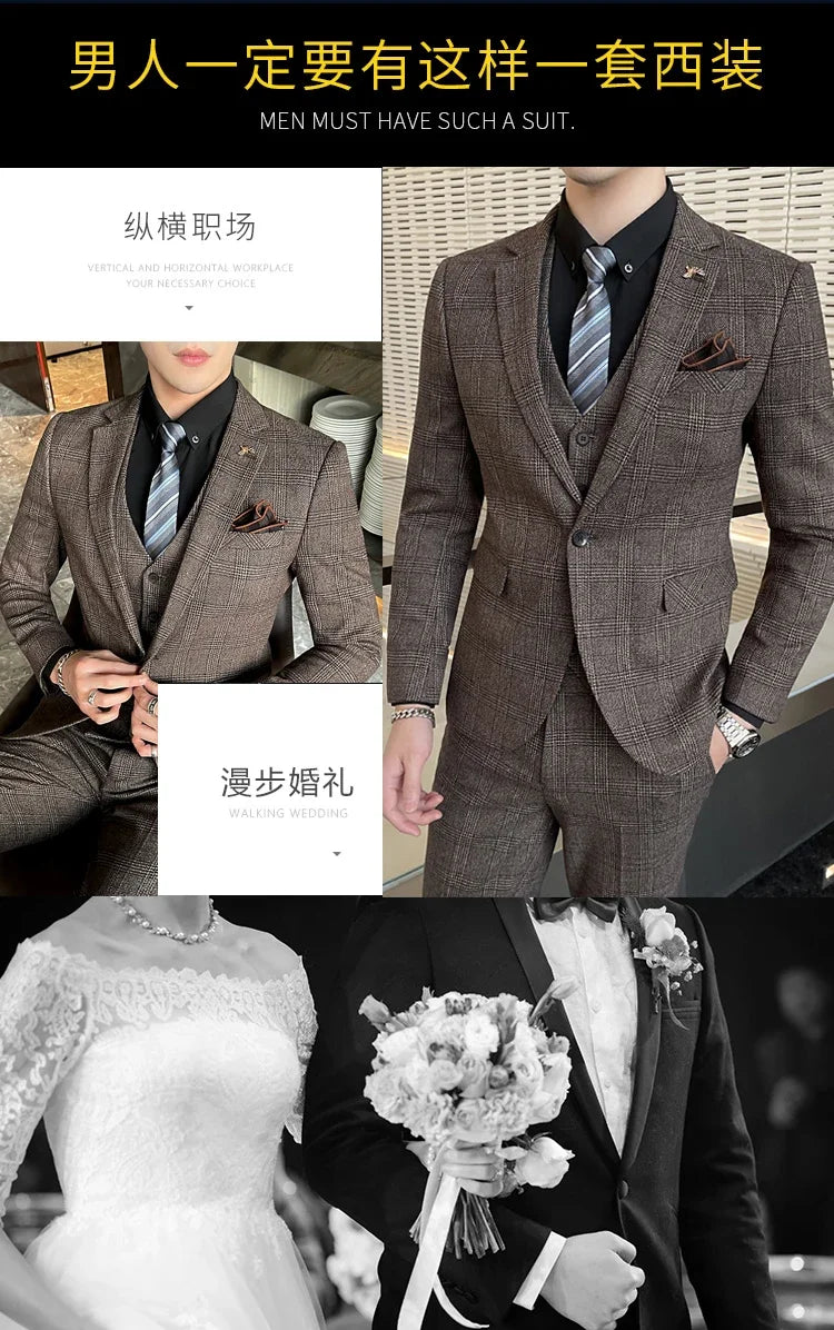 Boutique Suits (Blazer+ Vest + Pants) Men Fashion Hosting Work Business Wedding Casual Linen Art Style Elegant Gentleman's Suit