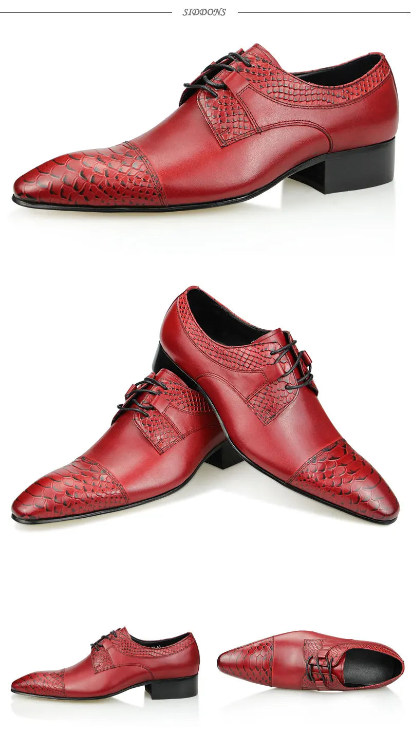 Wedding Red Shoes For Men Lace Up Fashion Derby Shoes Formal Business Office Genuine Leather Pointed Toe Dress Man Shoe