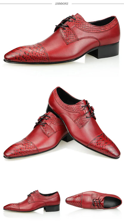 Wedding Red Shoes For Men Lace Up Fashion Derby Shoes Formal Business Office Genuine Leather Pointed Toe Dress Man Shoe
