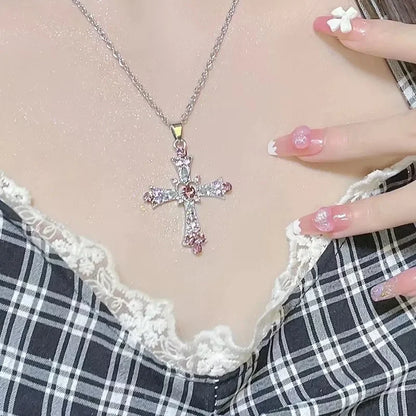 Crystal Cross Pendant Necklace for Women Girls  Shiny Sweet Chain Punk Party Fashion Pendant Fashion Y2K Jewelry Accessories