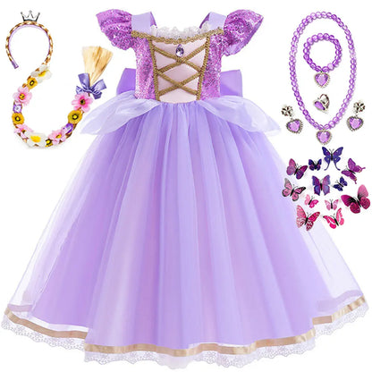 Short Sleeve Purple Puffy Dress + Accessories Girls Cosplay Rapunzel Summer Casual Dress Birthday Party Gift