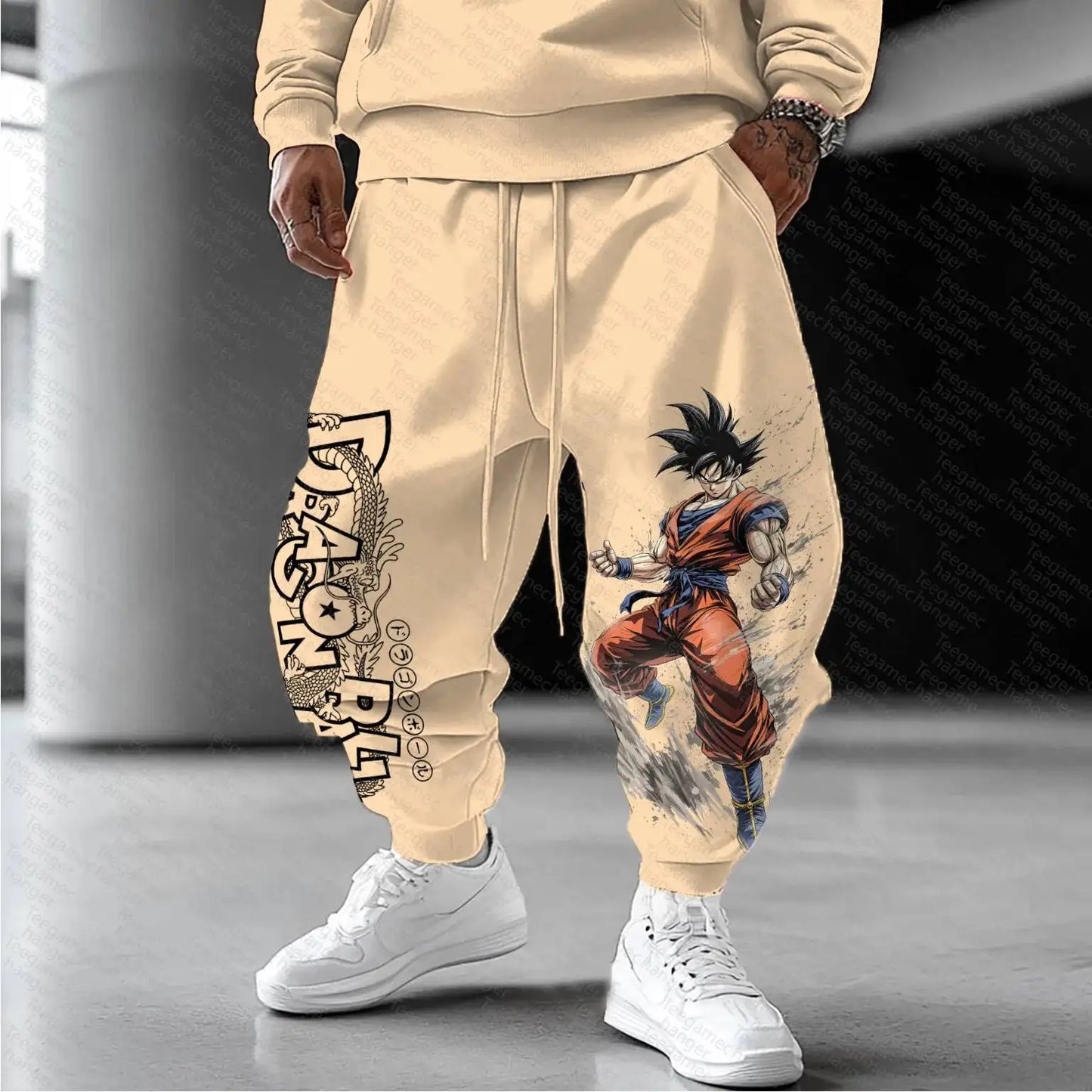 Khaki Hoodie Men Women Anime Character Print Pullover with Japanese Kanji Sleeve Design and Chest Logo Casual