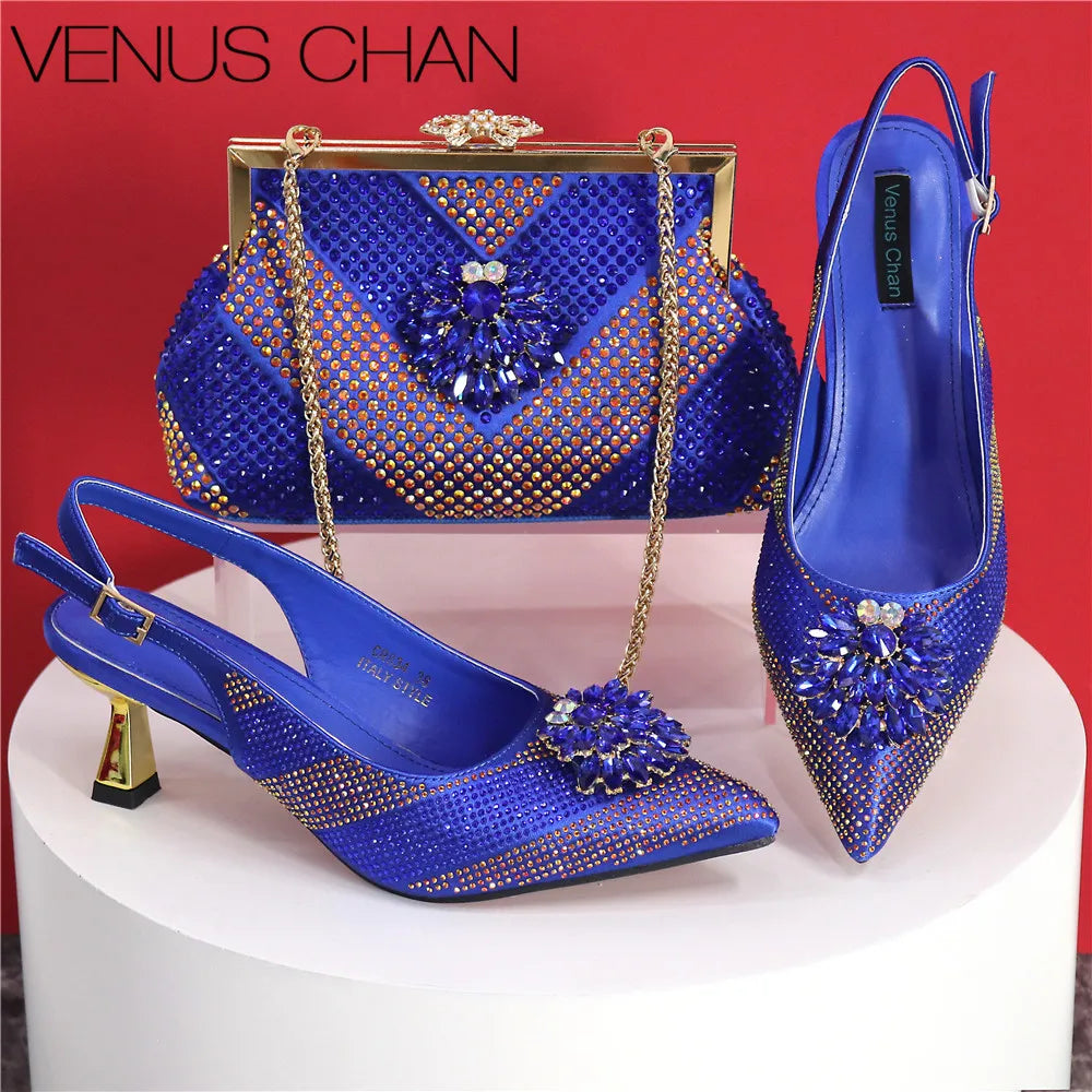 Italian Design Rhinestone Luxury Green Colour Pointed Toe Shoe & Bag Set Women's High Heels for Parties High Quality