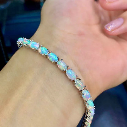 925 Sterling Silver Natural Opal Simple Bracelet Colorful Stone Bracelet Women's Fine Wedding Jewelry 24 Pc 4*6mm Fine Jewelry