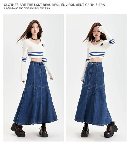 Women Blue A-line Denim Skirt Vintage Aesthetic Y2k Patchwork New Jean Skirt Harajuku Korean Cowboy Skirts 2000s Clothes Summer