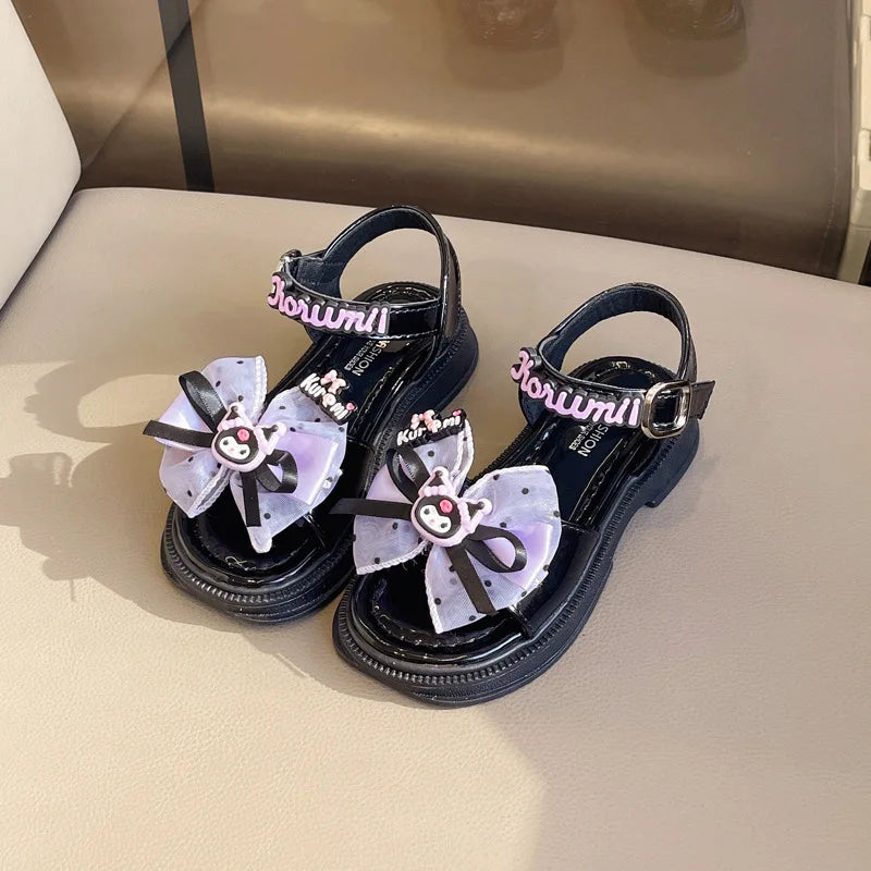 Kids'Sandals Kuromi PU Leather Bow Flat Spring Shoes For Girls Anti-slip Soft Thick Bottom White Black Shoes Size 25-36