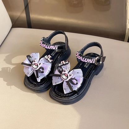 Kids'Sandals Kuromi PU Leather Bow Flat Spring Shoes For Girls Anti-slip Soft Thick Bottom White Black Shoes Size 25-36
