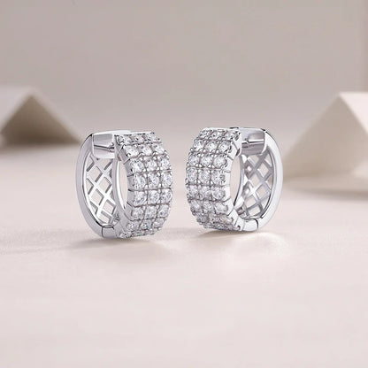 Full 2mm 0.03CT D Color Moissanite Hoop Earrings For Women  S925 Silver Pass Diamond Test Earring 3-Row Small Ear Buckle