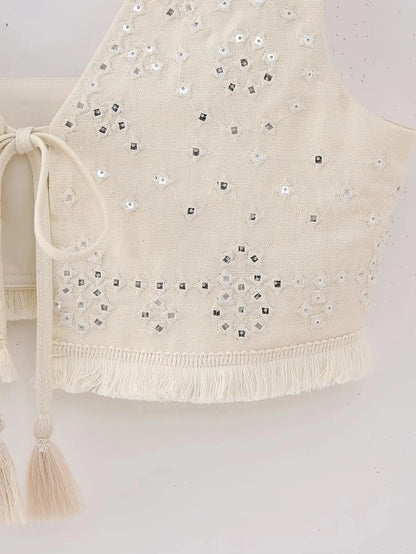 Y2K Embroidery Women Waistcoats Summer Lightweight V Neck Sleeveless Tassels Hem Slim Vest Female Crop Top