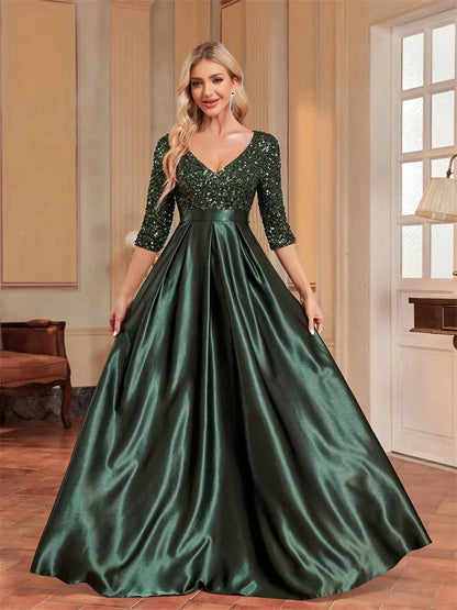 Elegant Short sleeve Sequins Evening Dresses 2025 Women Satin Prom Party Green Prom Floor Length Formal Cocktail Gown
