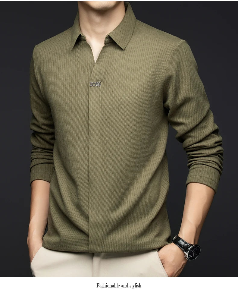 Men's Business Casual Solid Color Stretch V-neck POLO Shirt Daily Commute Striped Sweater for Fall 2024.