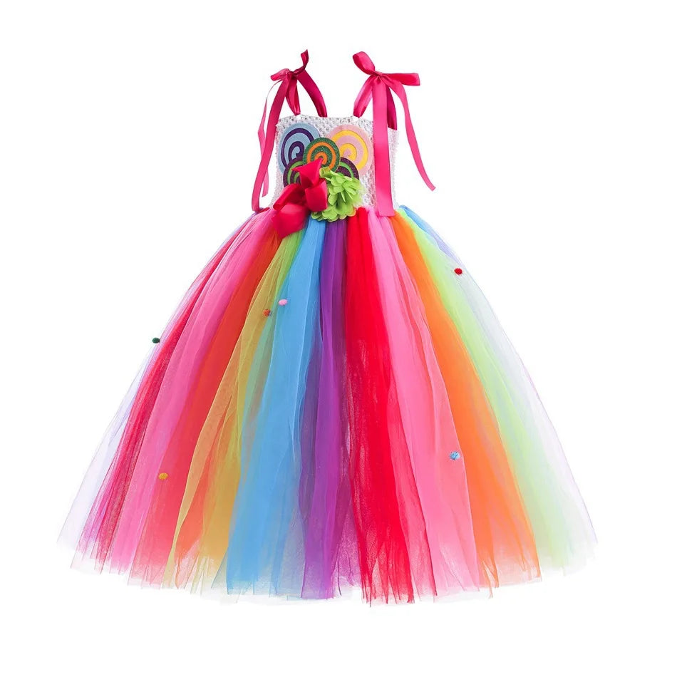2026 New Candy Dress For Baby Girl Purim Carnival Birthday Costume Fancy Rainbow Short Sleeve Cute Dress + Accessories Set