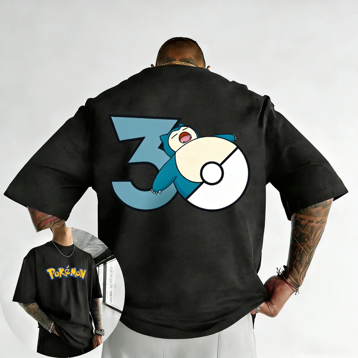 30th Anniversary Snorlax Printed T-shirt Summer Men's and Women's Trendy Large Loose Casual Y2K Short Sleeve Top