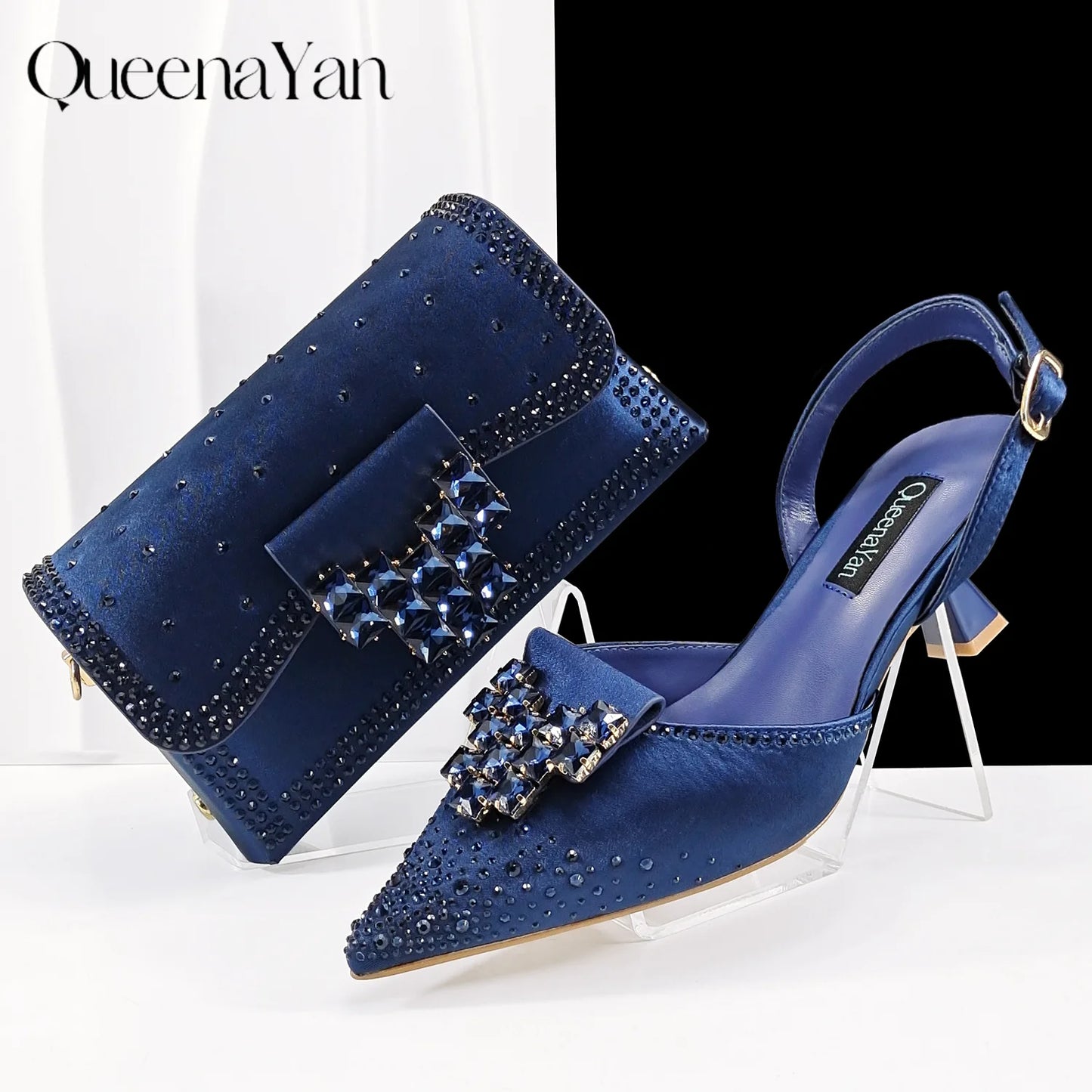 Elegant Coffee Color Pointed-Toe Italian Women's High-Heeled Shoe and Bag Set with Diamond Design for Parties
