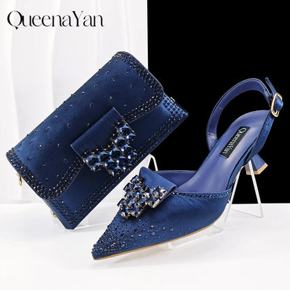 Elegant Coffee Color Pointed-Toe Italian Women's High-Heeled Shoe and Bag Set with Diamond Design for Parties