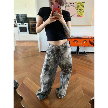 Blue Women's Jeans Hip-hop Fashion Vintage Streetwear Y2K Wide Leg Straight Jean High Waist Trouser Classic Baggy Denim Pants