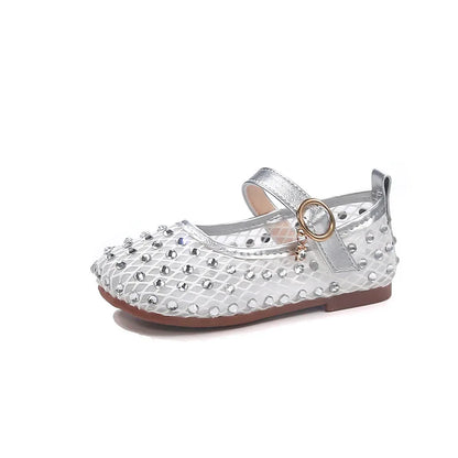2026Summer Girl's Sandals Crystal Air Mesh Biege Sliver Luxury Kids Flat Shoes Beautiful Party Graceful Anti-skid Childern Shoes