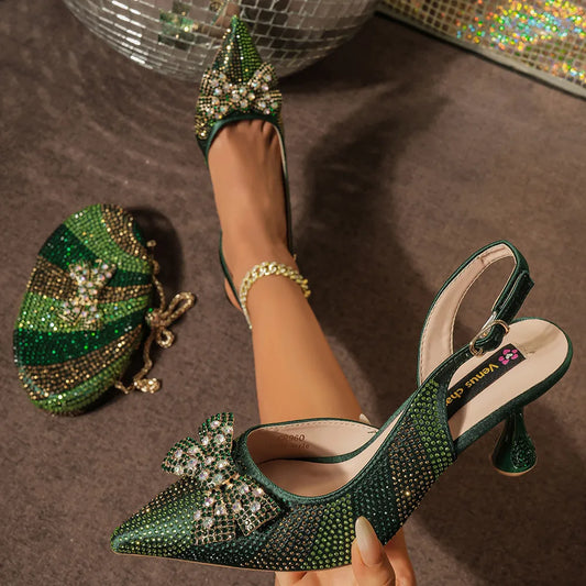 Elegant Italian Rhinestone-Embellished Green Pointed Toe High Heels & Matching Bag Set for Women - Luxe Footwear for Parties