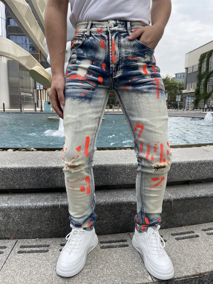 Men's Y2K-Style Denim Pants With Hand Drawn Colorful Tear Stop Pattern Design  Best Selling Product  Free Shipping Included