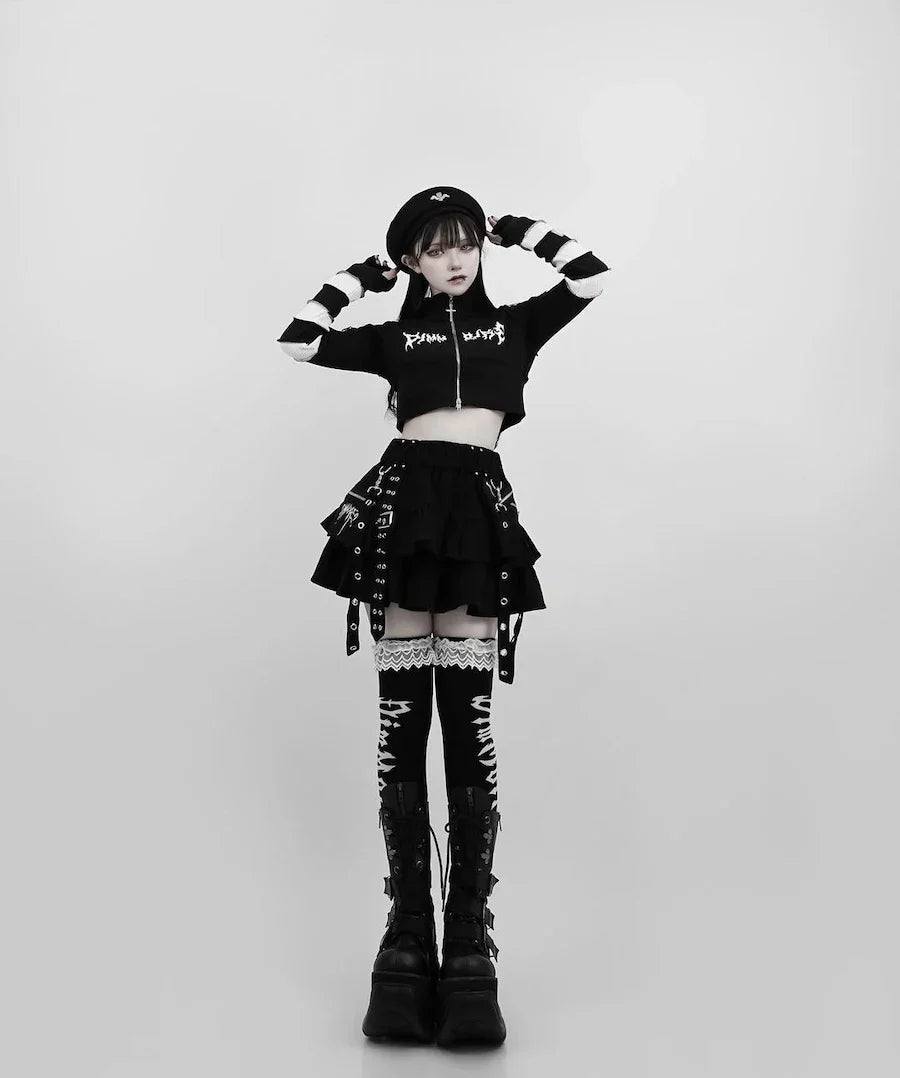 Japanese Style Mine Harajuku Punk Metal Buckle with Packet Decorative Ruffled Short Skirt Sweet Cool Girl Women's Plaid Skirt
