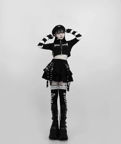 Japanese Style Mine Harajuku Punk Metal Buckle with Packet Decorative Ruffled Short Skirt Sweet Cool Girl Women's Plaid Skirt