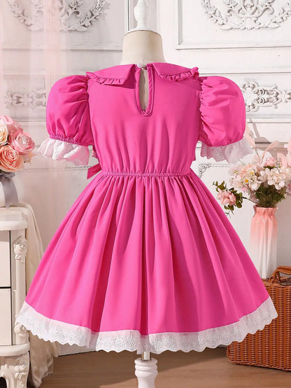 Little Girl's Romantic and Elegant Ladylike Rose-Red Princess-Style Dress, Decorated with Bows, Stylish Puff Sleeves, Suitable for Birthday Parties, Holiday Events, and Photography. Suitable for Little Girls Aged 4-7,