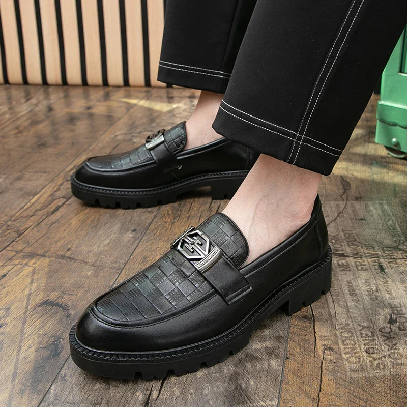 Men Loafers PU Thick Sole Round Toe Checkered Pattern Fashionable Classic Business Formal Shoes