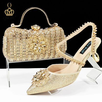 Italian Design Rhinestone-encrusted Ladies Party Women Shoes And Bag  Nigeria Gold Mini Bag Women High Heels