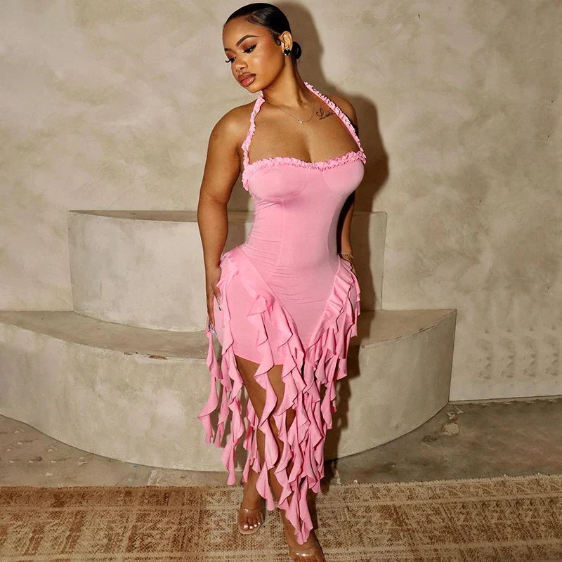 Elegant Halter Solid Ruffles Backless Taseel Sexy Slim Mini Dress Spring Women Cute Outfits Birthday Party Vacation