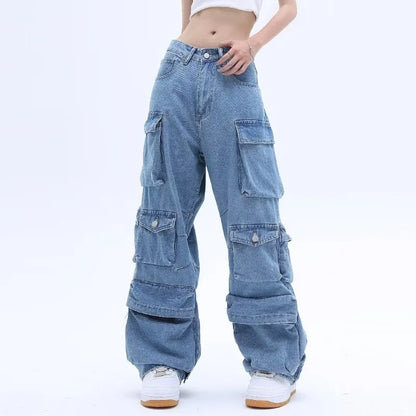 Multi-Pocket Blue Washed Jeans Cargo Pants