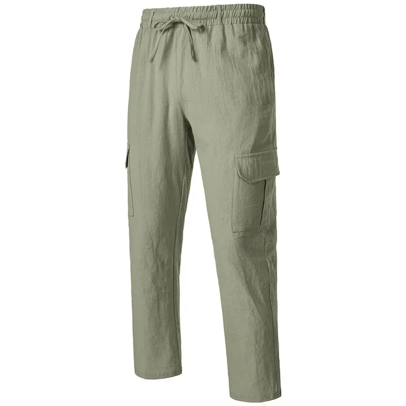 Men's Casual Trousers Loose Comfortable cargo pants Pants Man Cotton Linen multi-pocket Straight trousers Beach thin men Pants