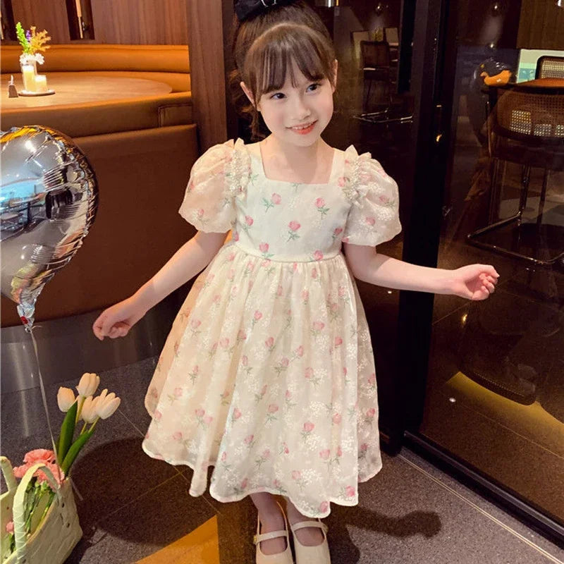 1-8 Years Old Summer Full Print Rose Flower Lace Girls Dress Big Bow Pearl decoration Princess Party Dress For Kids