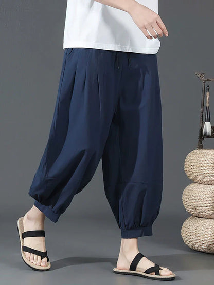 Summer Cotton Linen Shorts Men Baggy Wide leg Casual Capris Pants Male Sport Running Shorts 2025 Oversize Chinese
