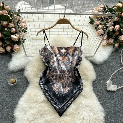 Women Sexy Backless asymmetrical lace-up Camis Print Tank Top Chic One-piece Corset Bustier Summer Beach vacation Crop Top