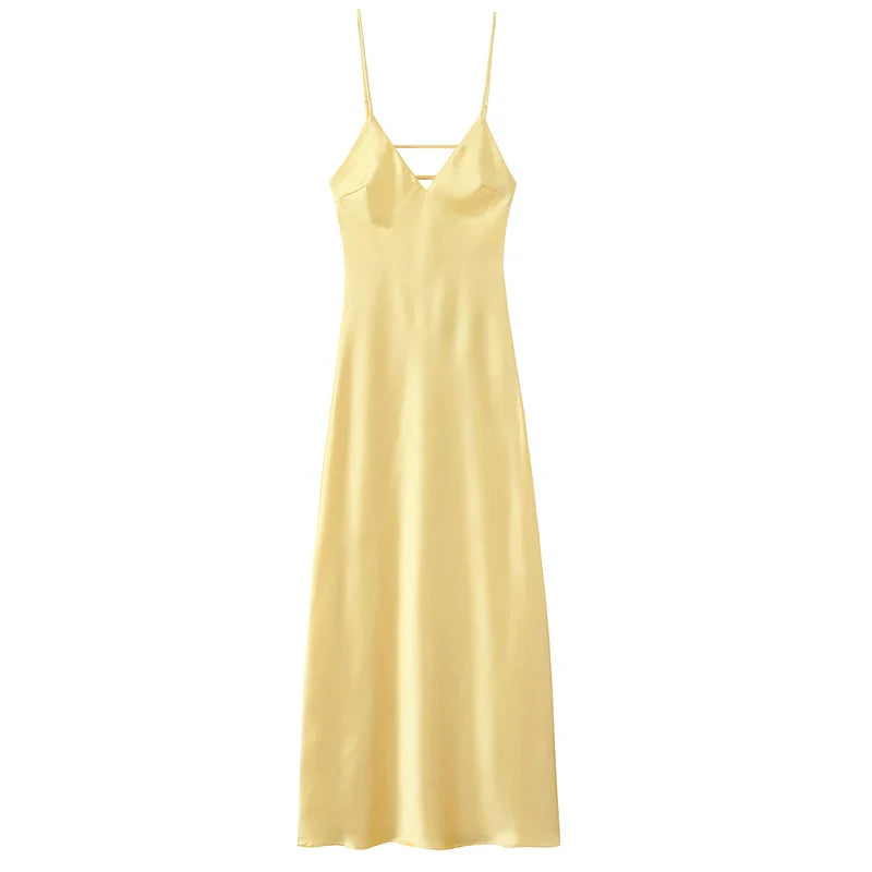 Yellow Dresses Women Satin V Neck Midi Dress Summer Backless Strap Slip Dresses Elegant Evening Party Dress 2025 Vestidos