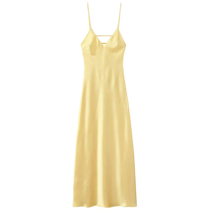 Yellow Dresses Women Satin V Neck Midi Dress Summer Backless Strap Slip Dresses Elegant Evening Party Dress 2025 Vestidos