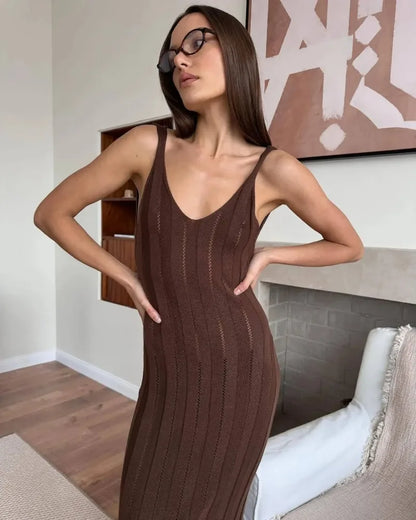 Backless Dress For Women V Neck Slim Sleeveless Suspender Maxi Dress Vacation Sexy Beach Knitted Elegant Long Dress