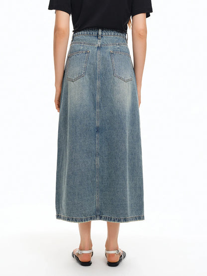 2026 Summer Women‘s Starfish Embroidered Denim Midi Skirt, Vintage A-Line Long Skirt Office Commute Versatile Daily Style