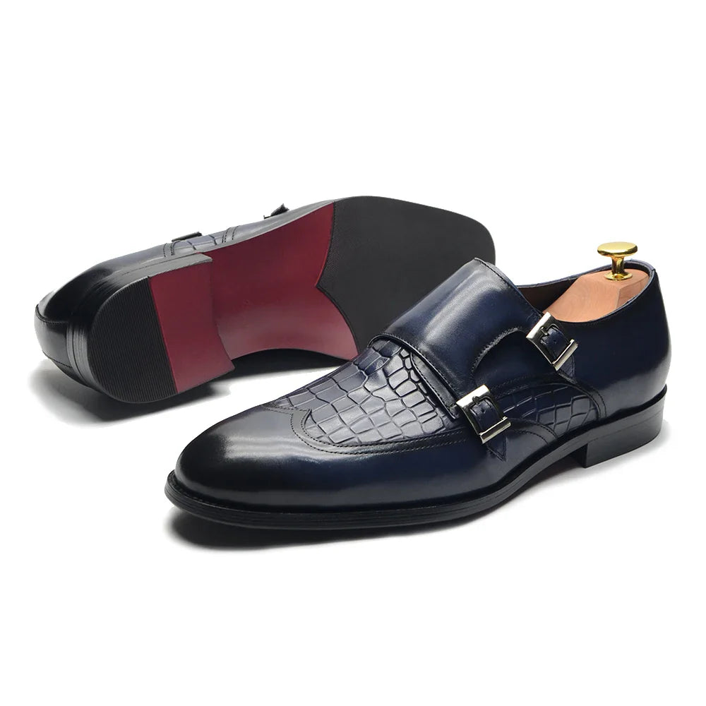 Classic Men's Genuine Leather Dress Shoes Double Buckle Monk Strap Wingtip Crocodile Print Business Office Formal Footwear Man