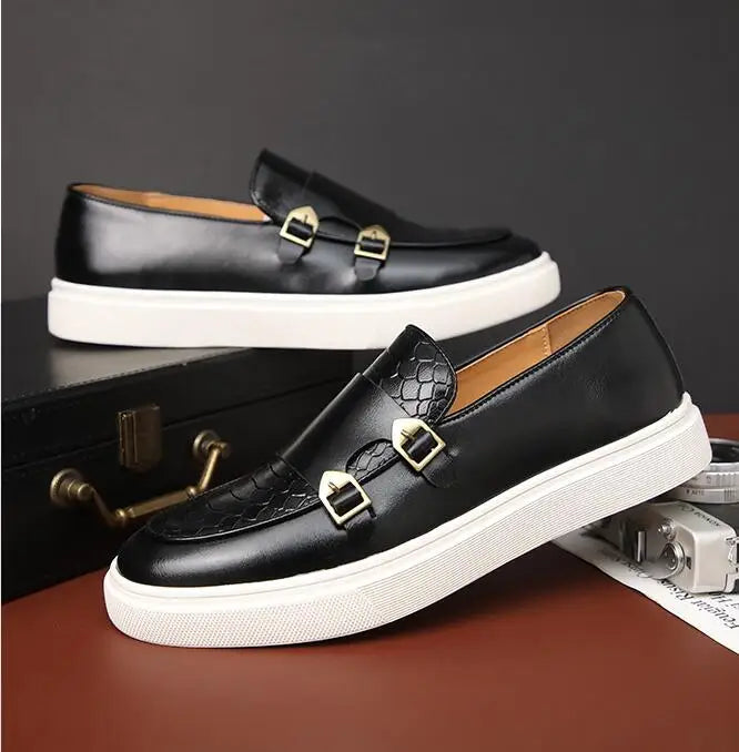 Fashion Men's Casual Shoes Snakeskin Grain Leather Men Retro British Style Loafers Monk Shoes Mens Slip-on Outdoor Driving Flats