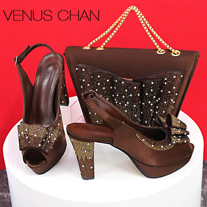 Newst Hot Selling Pointed Toe Slingback Sandals with Bag Set in Coffee Color For Women Wedding Party