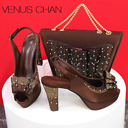 Newst Hot Selling Pointed Toe Slingback Sandals with Bag Set in Coffee Color For Women Wedding Party