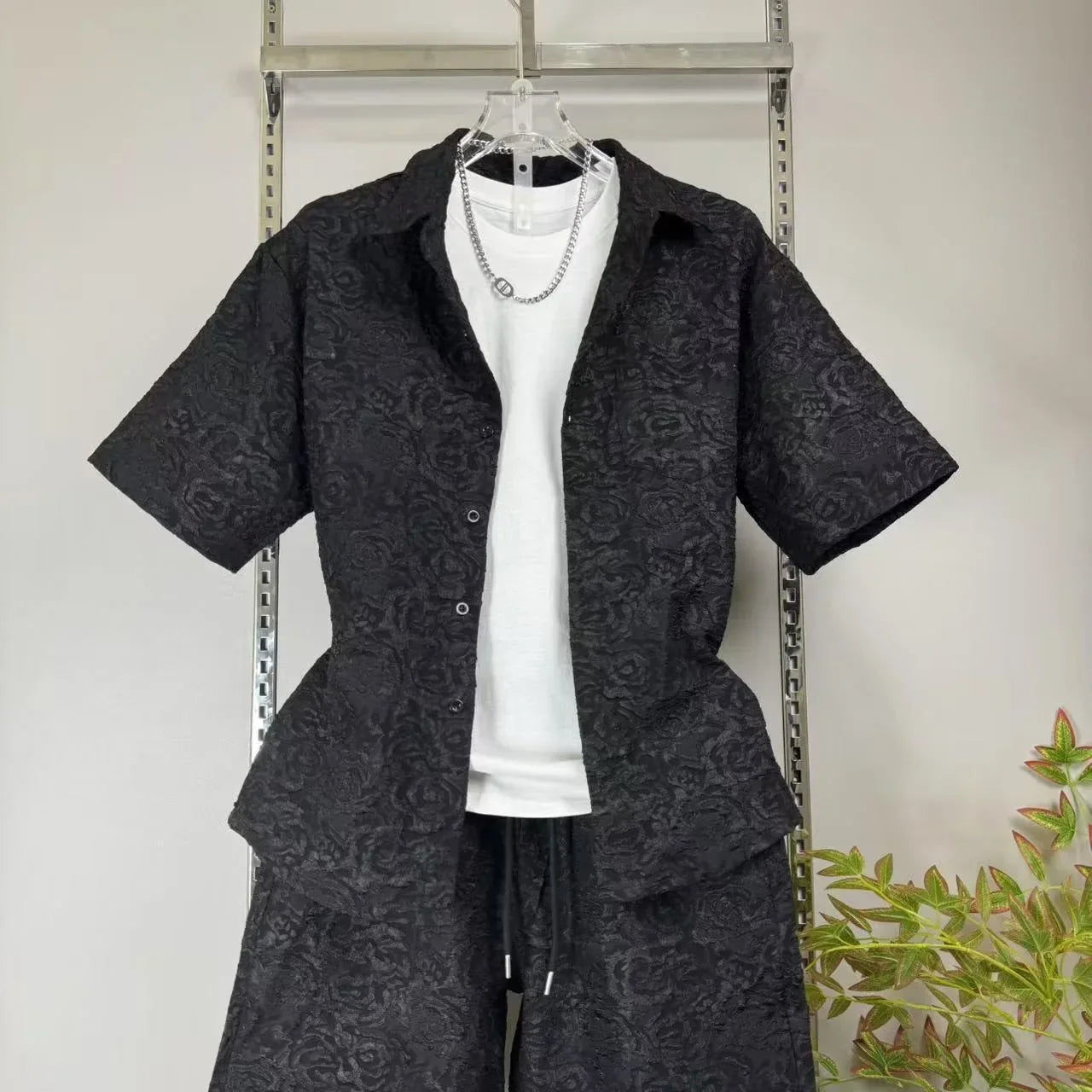 Men's Three-Dimensional Relief Small Fragrance Fashion Shirt Set Casual Versatile Sports Two-Piece Trendy Outfit