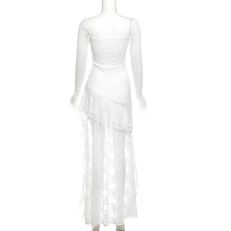 Lace Flare Sleeve Square Neck A-line Dress Sweet E-girl Irregular Long Hem Dresses Cyber Y2K Party Vestido