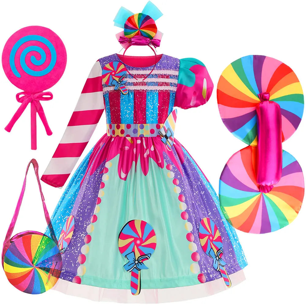 2026 New Candy Dress For Baby Girl Purim Carnival Birthday Costume Fancy Rainbow Short Sleeve Cute Dress + Accessories Set