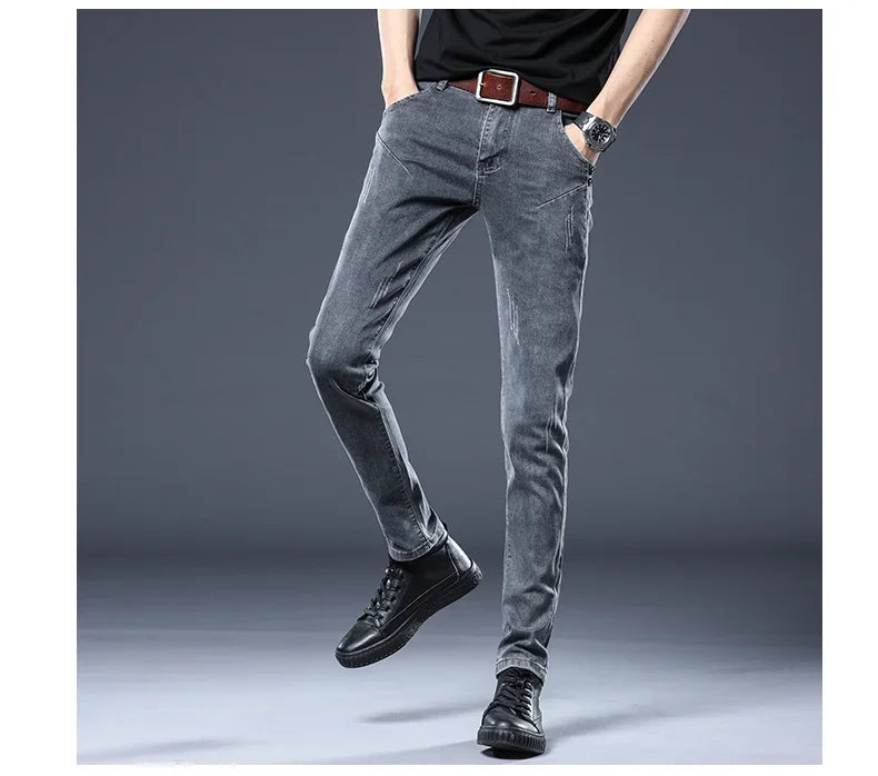 2026 New Gray Skinny Jeans Men's Slim Elastic Korean Fashion Vintage Casual Feet Male Clothing Denim Trousers 27-36