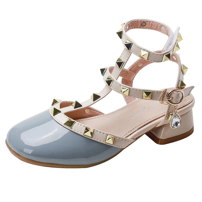 Spring Style Baotou Cool Kids' Shoes with Buckle Rivets School Performance Girl' Shoes with Heel Bright Diamond Children's Shoes