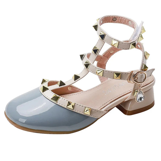 Spring Style Baotou Cool Kids' Shoes with Buckle Rivets School Performance Girl' Shoes with Heel Bright Diamond Children's Shoes